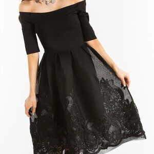 Francesca's Off The Shoulder Black Lace Midi Dress